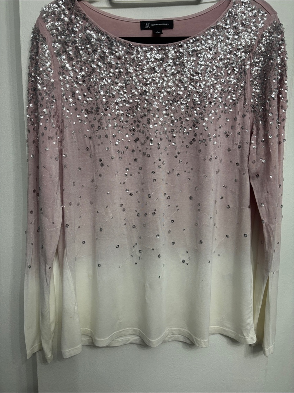 Beautiful INC InternationalConcepts Pink-to-Cream Sequin Ombre Long-Sleeve Top L